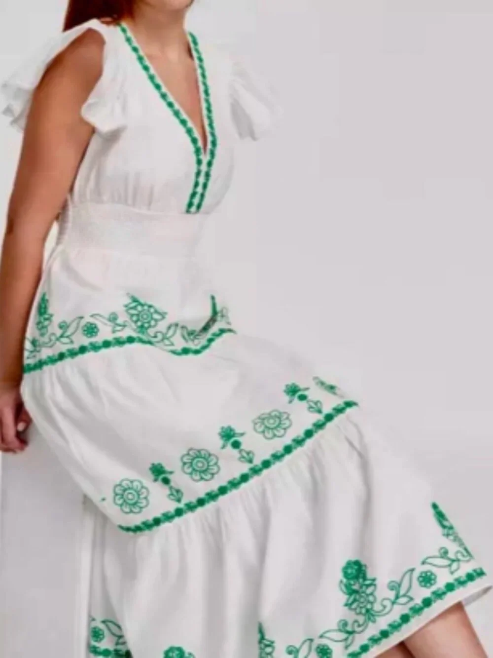 Adrianna Papell NWT Green White Embroidered Cotton Maxi Dress Boho Wedding Guest